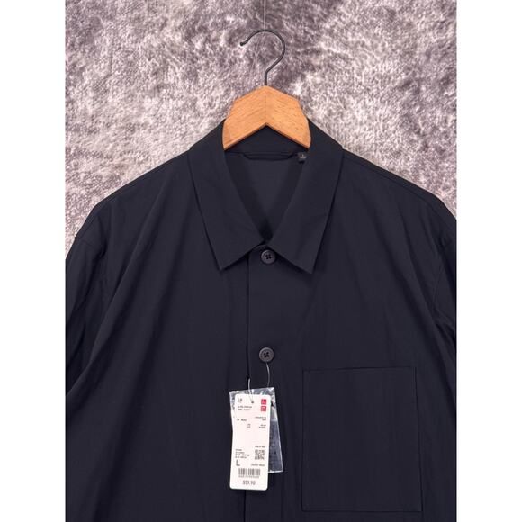 New Uniqlo Ultra Stretch Shirt Jacket Large Mens Solid Black - Picture 2 of 7